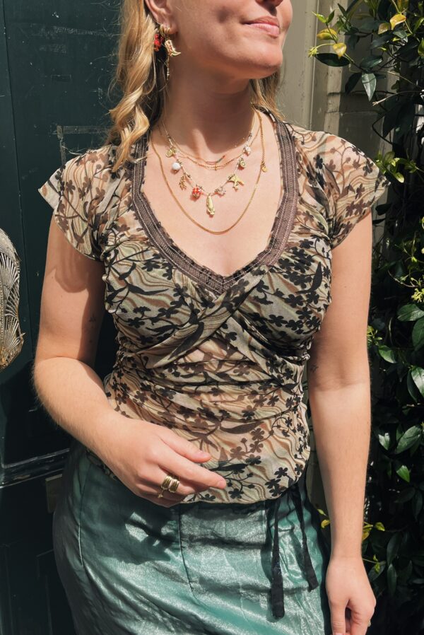 Vintage sheer floral mesh wrap top