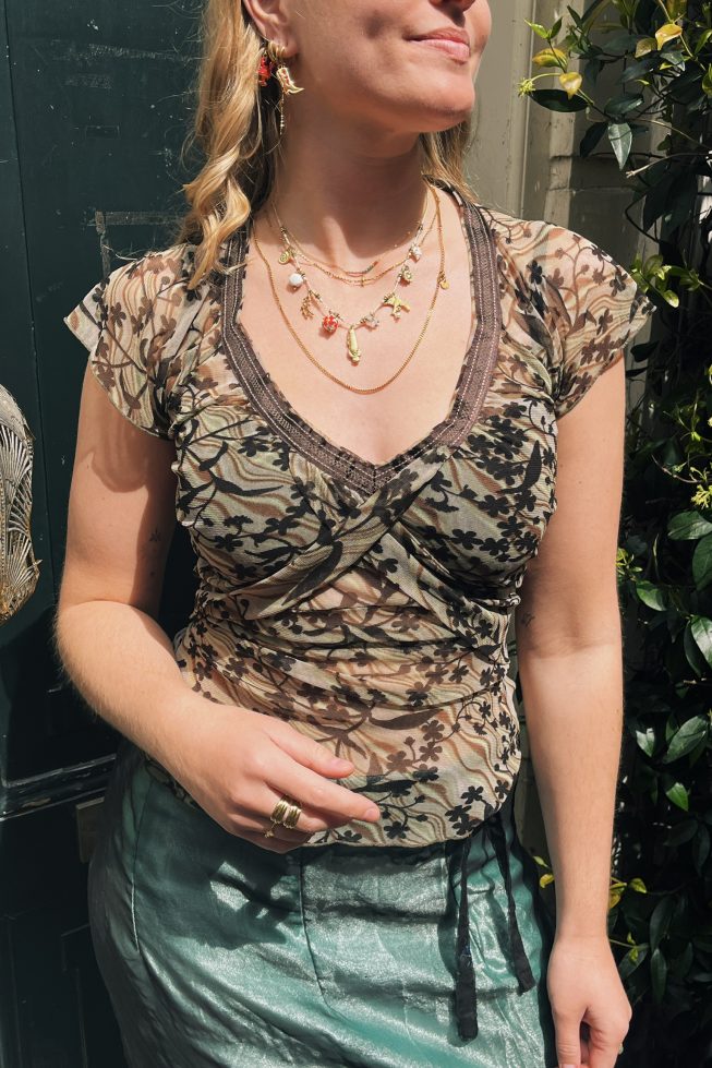 Vintage sheer floral mesh wrap top